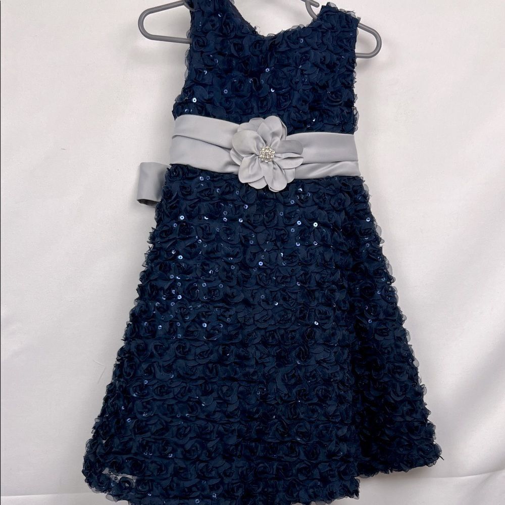 Rare Editions Navy and silver rose textured sequins party formal dress size 4/4T